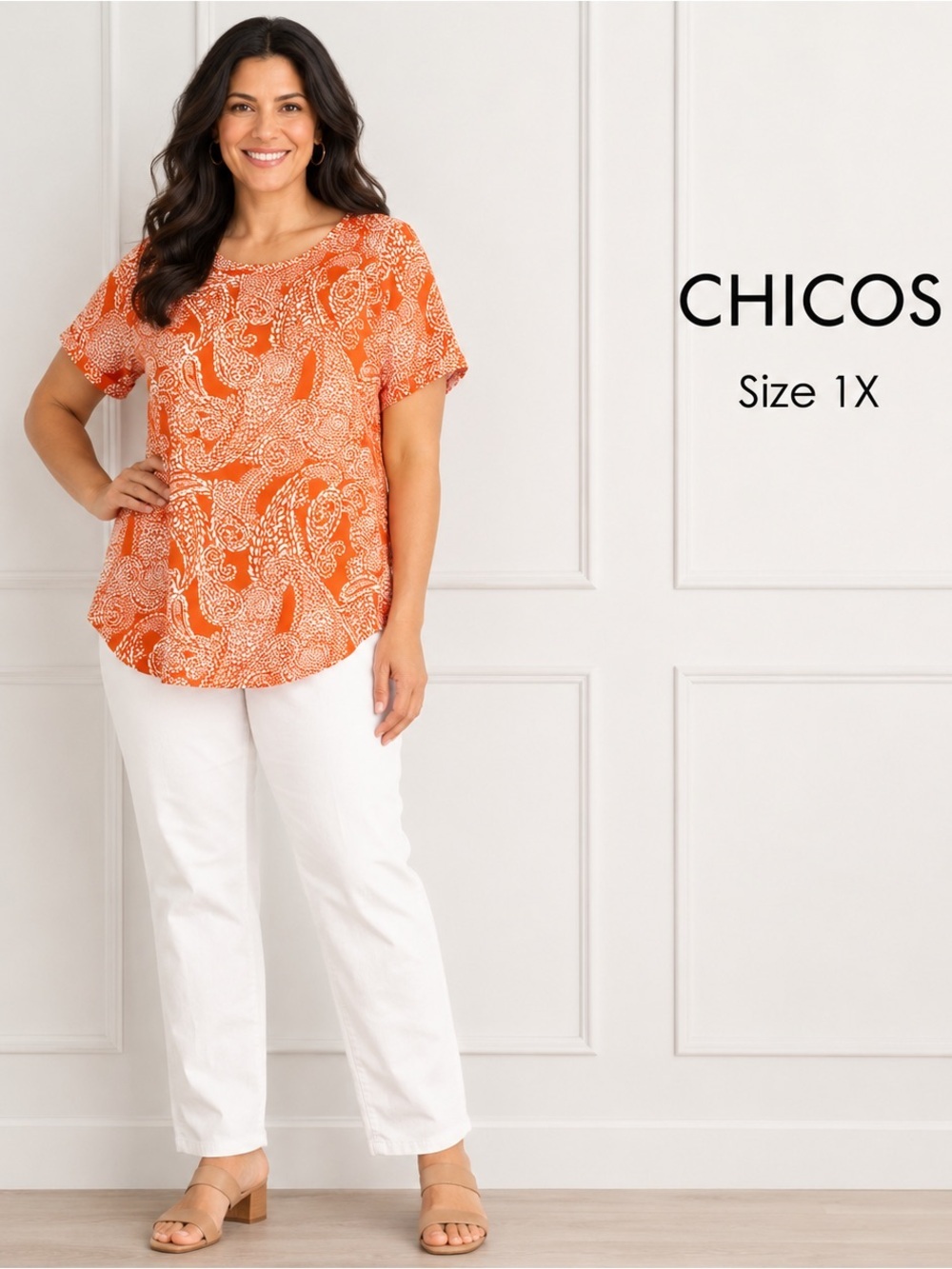 CHICO’S women short sleeve Orange Patterned Women's Top/size 1X